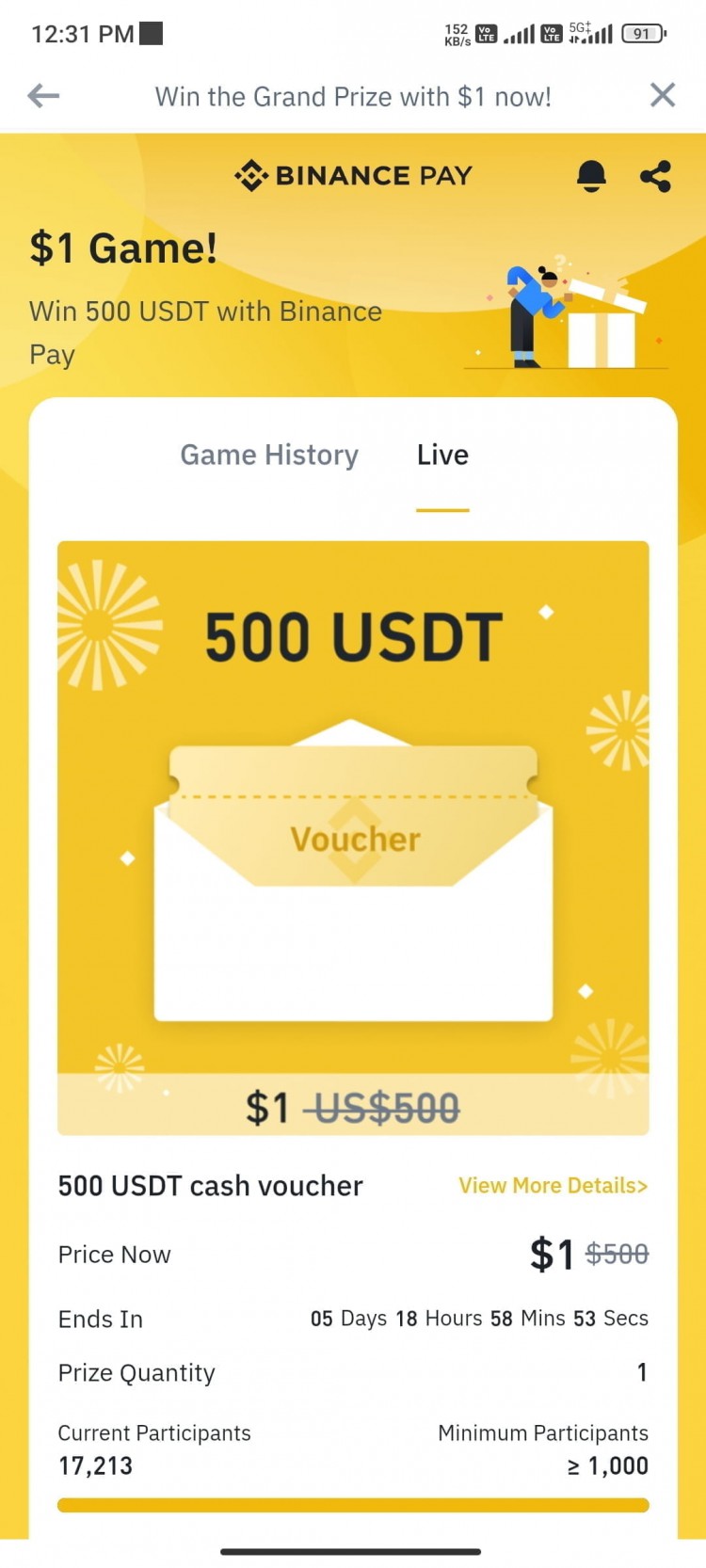參加幣安$1遊戲，贏得$500 USDT獎勵 立即行動，抓住這個有限的機會