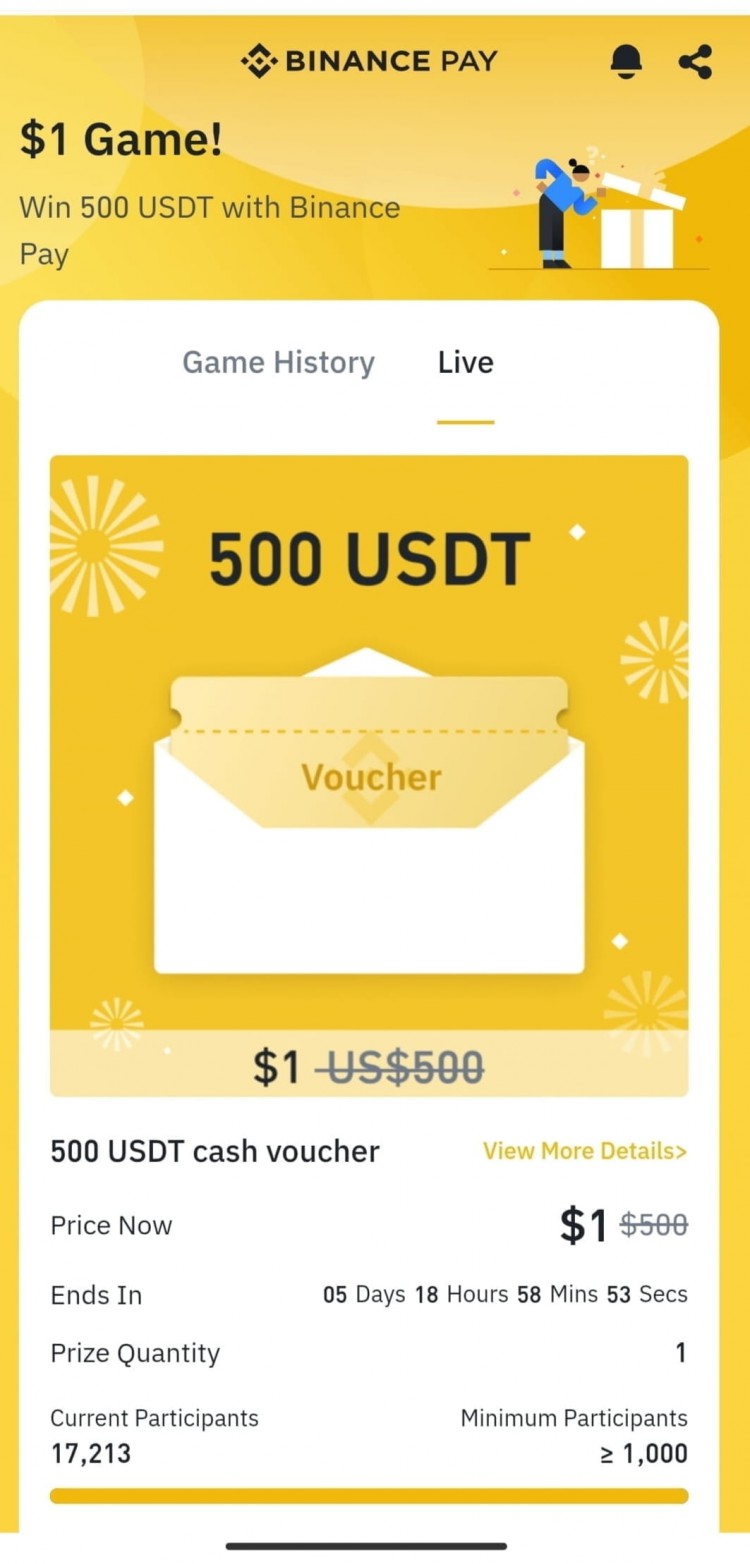參加幣安令人著迷的 1 美元遊戲 500 美元獎勵