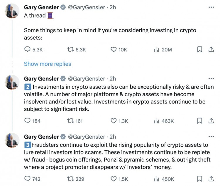 Gary Gensler 在 X 平台上發表的有關投資加密資產的帖子 受到2000萬次瀏覽。繼續關注