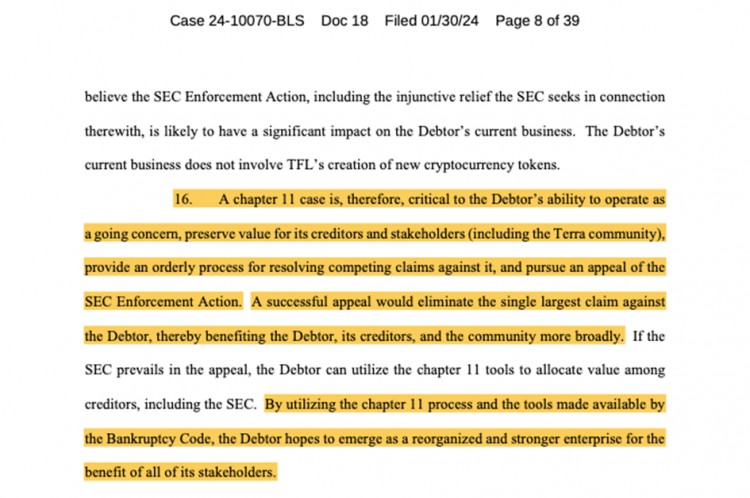 Terraform Labs 表示破產將有助於對抗 SEC 的指控