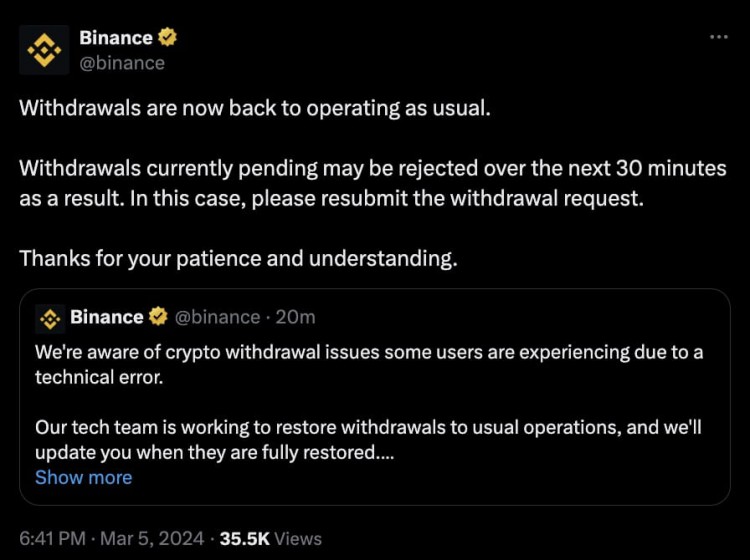 Binance Resolves Technical Issues, Restores Withdr